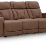 Clean-Slate Caramel Power Reclining Sofa showing the reclined position, cup holders, and side USB port.