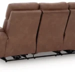 Rear view of the Clean-Slate Caramel Power Reclining Sofa, showing the clean finished back upholstery and metal frame mechanism.