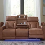 Clean-Slate Caramel Power Reclining Sofa in room setting with the drop-down center table open, showing the LED lights and full feature set.