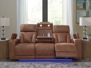 Clean-Slate Caramel Power Reclining Sofa in room setting with the drop-down center table open, showing the LED lights and full feature set.