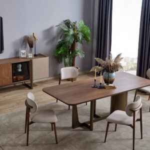Modern dining room set with wooden table and chairs, elegant decor, and sideboard in a luxurious Tampa home.