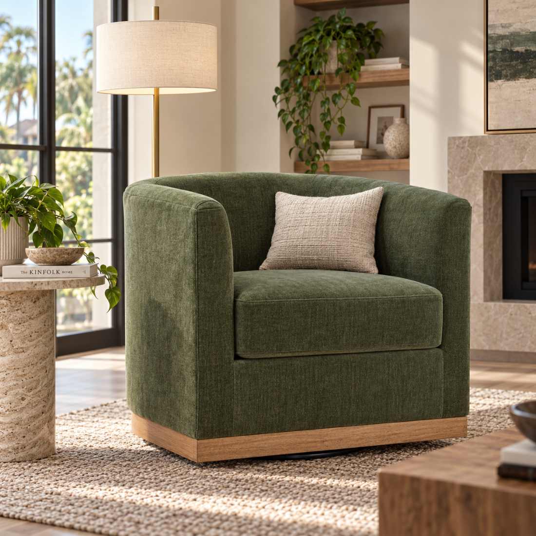 Geremy green swivel chair with forest green fabric and wood trim in Tampa FL house.
