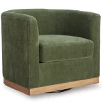 Geremy green swivel chair with forest green fabric and wood trim cross view.