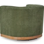Geremy green swivel chair with forest green fabric and wood trim back view.