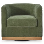 Geremy green swivel chair with forest green fabric and wood trim front view.