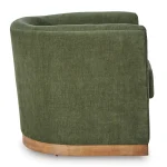 Geremy green swivel chair with forest green fabric and wood trim side view.