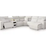 Modmax II light gray reclining sectional sofa with power motion and adjustable headrests fully extended.