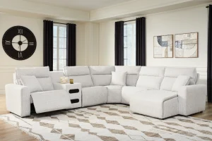 Modmax II light gray reclining sectional sofa with power headrests and console in a modern living room layout.