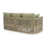 Back three-quarter view of Gumbet green outdoor sofa showing full vertical polyester rope weaving and curved eucalyptus wood construction