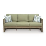 Front view of Gumbet green outdoor sofa with sage green cushions, eucalyptus wood frame, striped accent pillows, and rope detailing