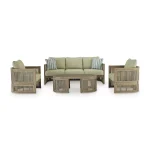 Gumbet green outdoor sofa furniture collection with sofa, two chairs, and oval coffee table showing rope detailing on white background
