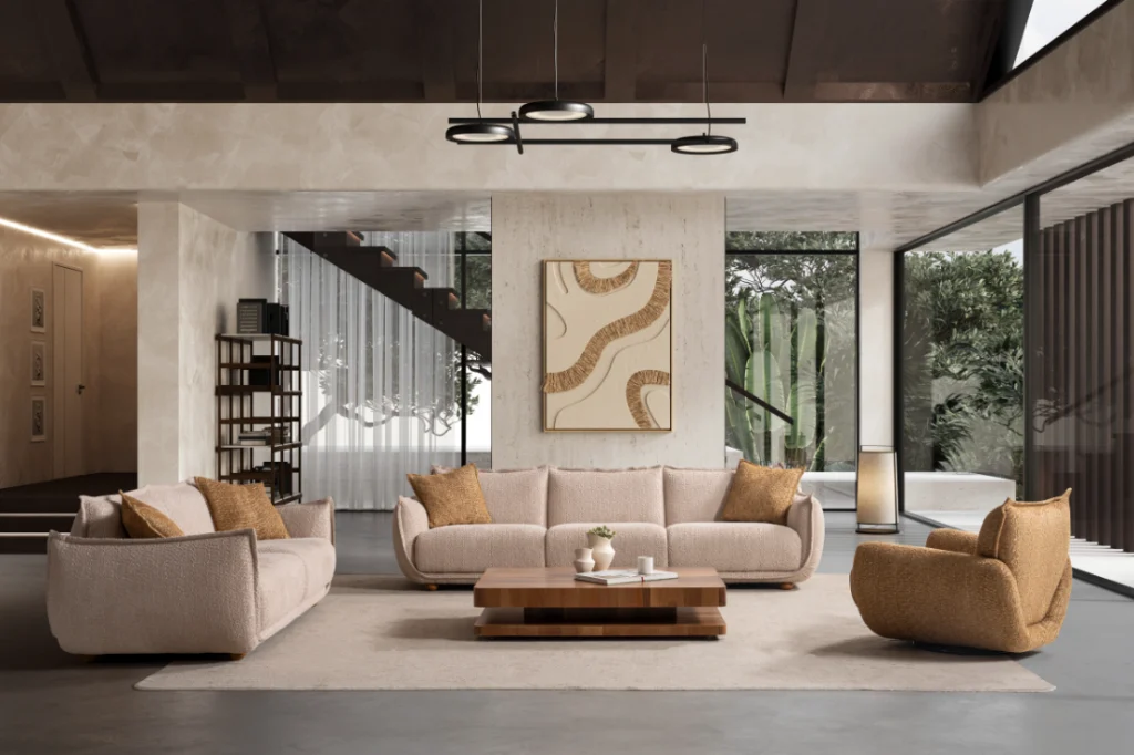 Cream sofa and loveseat living room set with brown swivel chair and wood coffee table