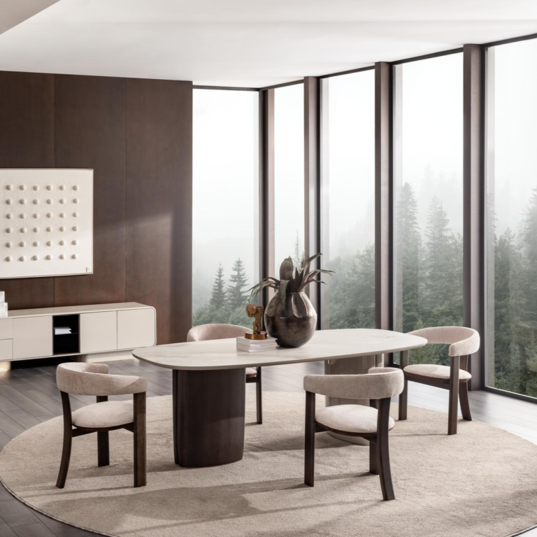 ICON Dining Table with marble-look veneer top and contrasting walnut and smoky grey legs in a modern dining room setting.