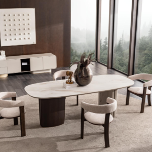 ICON Dining Table with marble-look veneer top and contrasting walnut and smoky grey legs in a modern dining room setting.