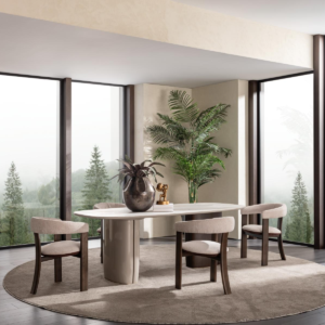 ICON Dining Table with marble-look veneer top and contrasting walnut and smoky grey legs in a modern dining room setting.