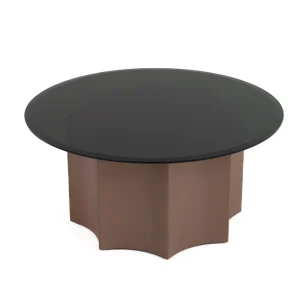 Ingram modern round nesting coffee table set with wine red pedestal base and black mirrored glass top.
