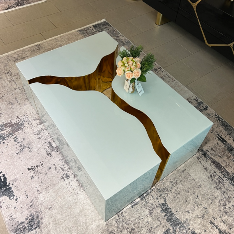 Italian Coffee Table Rectangular in White & Gold. A stunning modern coffee table with a white glass top and gold interior, perfect for contemporary living rooms. Available at De’Luxe Home Decor & Furniture in Tampa.