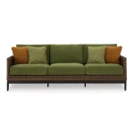 Kemer green outdoor sofa with brown wicker and four throw pillows