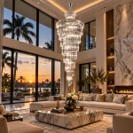 Large silver crystal chandelier in a high-ceiling luxury Florida living room
