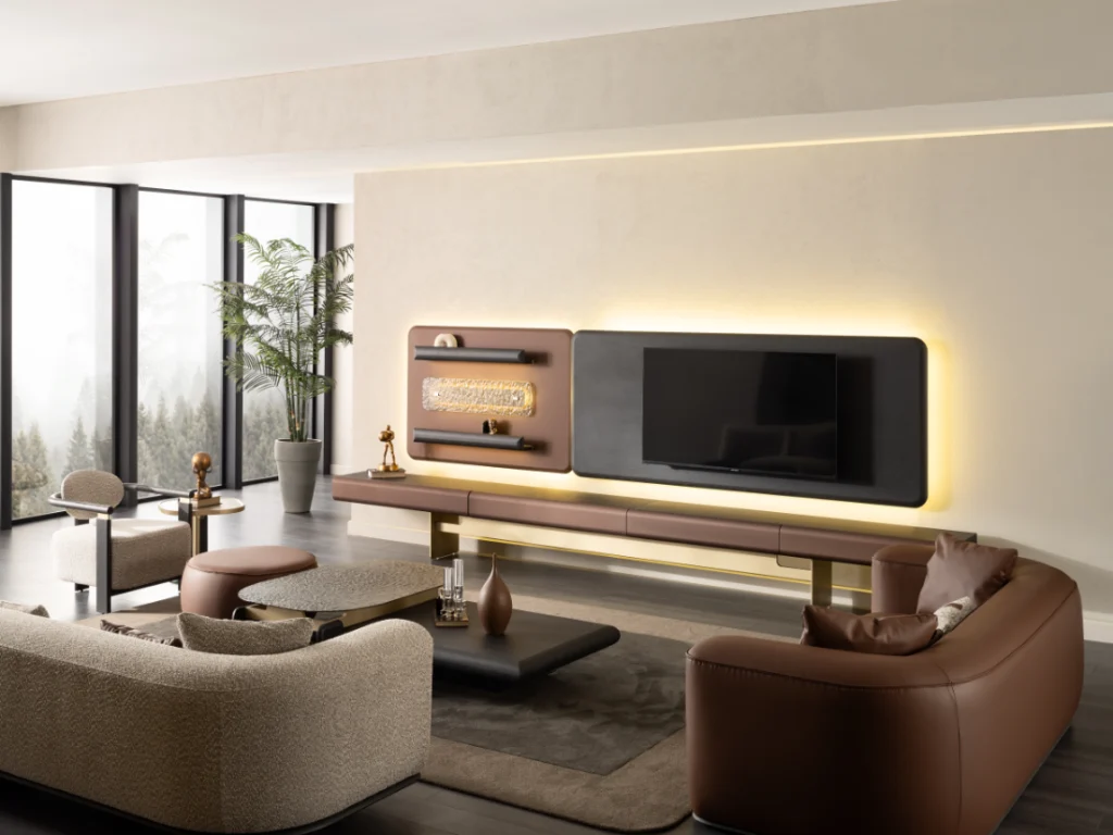 Large modern TV console and illuminated media wall with contemporary seating