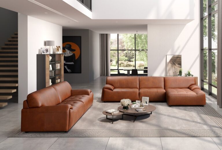 Classic brown leather sofa with a luxurious design