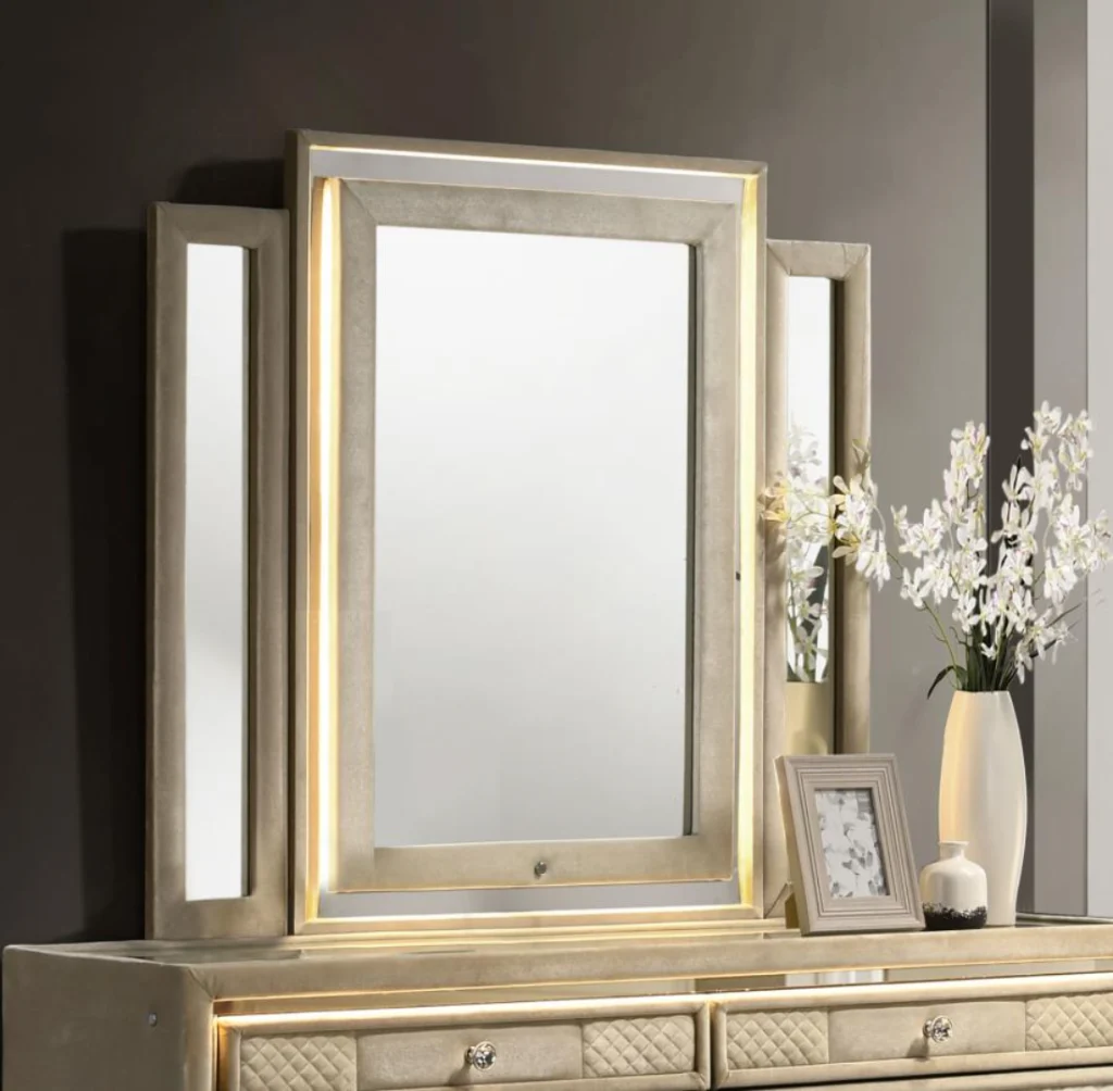 Lorient luxury dresser mirror with lights, ivory and camel velvet, modern bedroom furniture in Tampa.