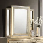 Lorient luxury dresser mirror with lights, ivory and camel velvet, modern bedroom furniture in Tampa.
