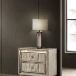 Lorient luxury nightstand in ivory velvet with integrated LED lights and dual USB charging ports.