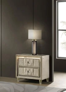 Lorient luxury nightstand in ivory velvet with integrated LED lights and dual USB charging ports.