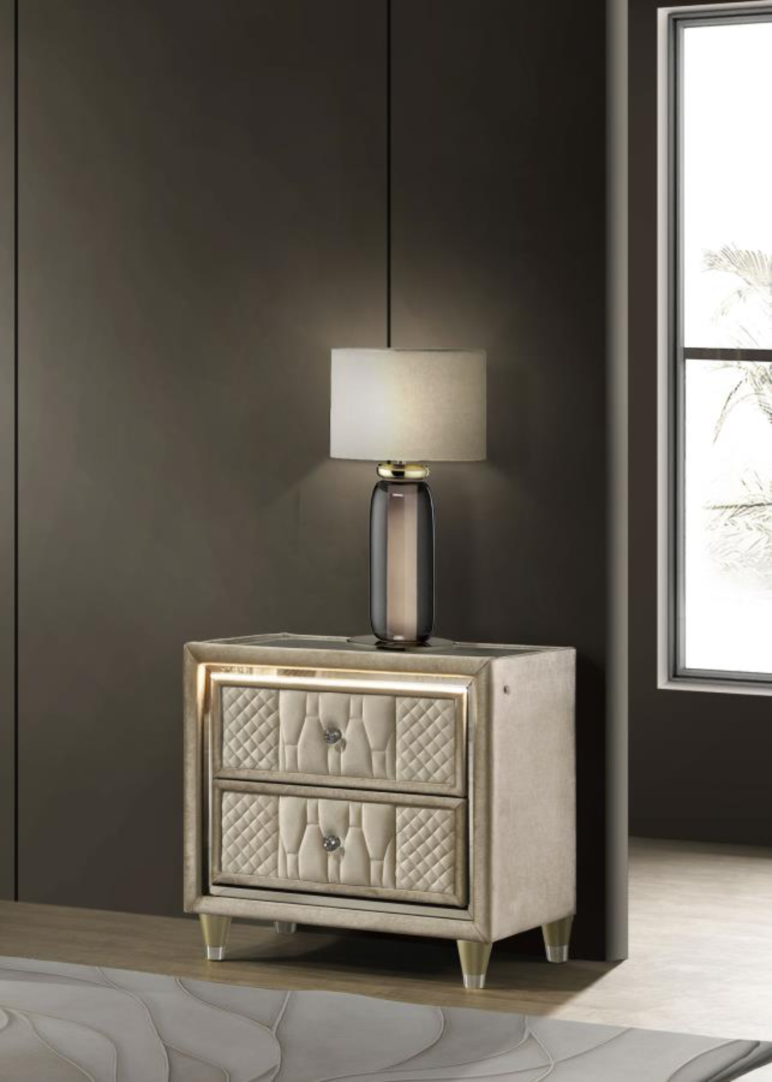 Lorient luxury nightstand in ivory velvet with integrated LED lights and dual USB charging ports.