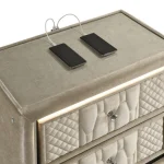 Lorient luxury nightstand in ivory velvet with integrated LED lights and dual USB charging ports.
