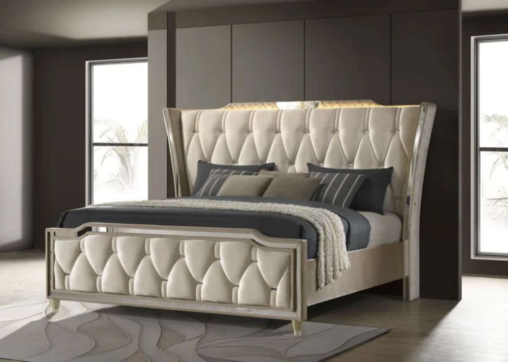 Lorient 5-piece luxury queen bed in ivory velvet with integrated LED lighting.