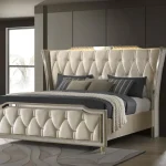 Lorient 5-piece luxury queen bed in ivory velvet with integrated LED lighting.