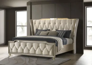 Lorient 5-piece luxury queen bed in ivory velvet with integrated LED lighting.