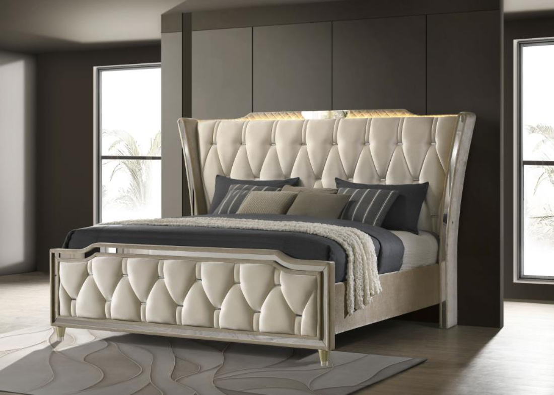 Lorient 5-piece luxury queen bed in ivory velvet with integrated LED lighting.
