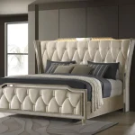 Lorient 5-piece luxury king bed in ivory velvet with integrated LED lighting.