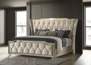 Lorient 5-piece luxury king bed in ivory velvet with integrated LED lighting.