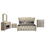 Front view of the Lorient 5-piece queen bedroom set featuring camel and ivory velvet upholstery.