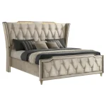 Lorient wingback queen bed frame with tufted ivory velvet headboard and glowing LED crown lighting.
