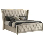 Lorient 5-piece luxury king bed in ivory velvet with integrated LED lighting.