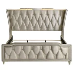 Lorient wingback queen bed frame with tufted ivory velvet headboard and glowing LED crown lighting.