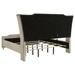 Lorient wingback queen bed frame with tufted ivory velvet headboard and glowing LED crown lighting.