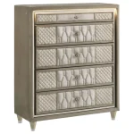 Tall 5-drawer chest in ivory and camel velvet with LED top trim and crystal knobs.
