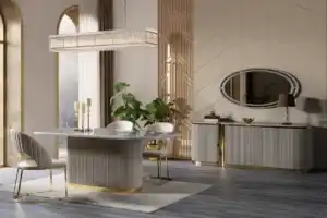 Luxury beige dining room set with oval table, velvet gold chairs, and illuminated chandelier, ideal for Tampa homes.
