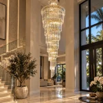 Spiral 11 Ft luxury crystal chandelier in a grand Tampa foyer with staircase