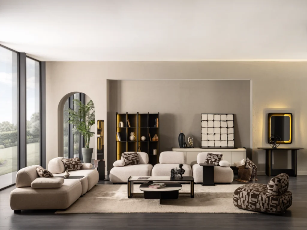 Luxury cream living room sofa set with accent chairs and modern coffee tables