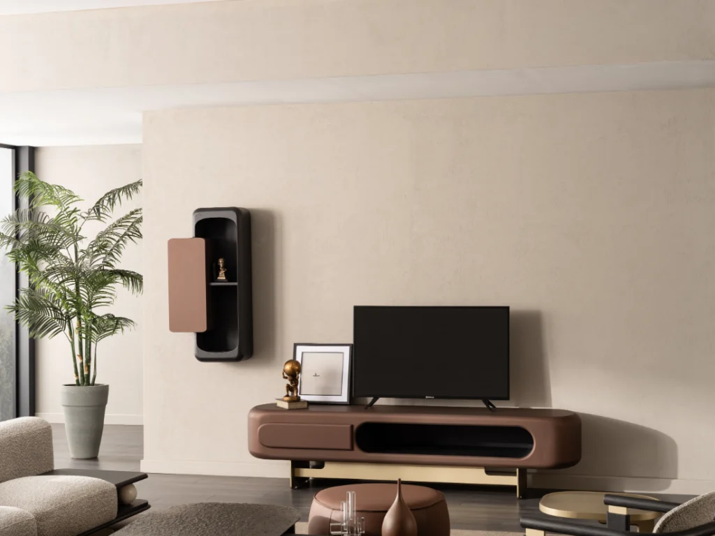 Luxury brown TV console with rounded design in a modern living room
