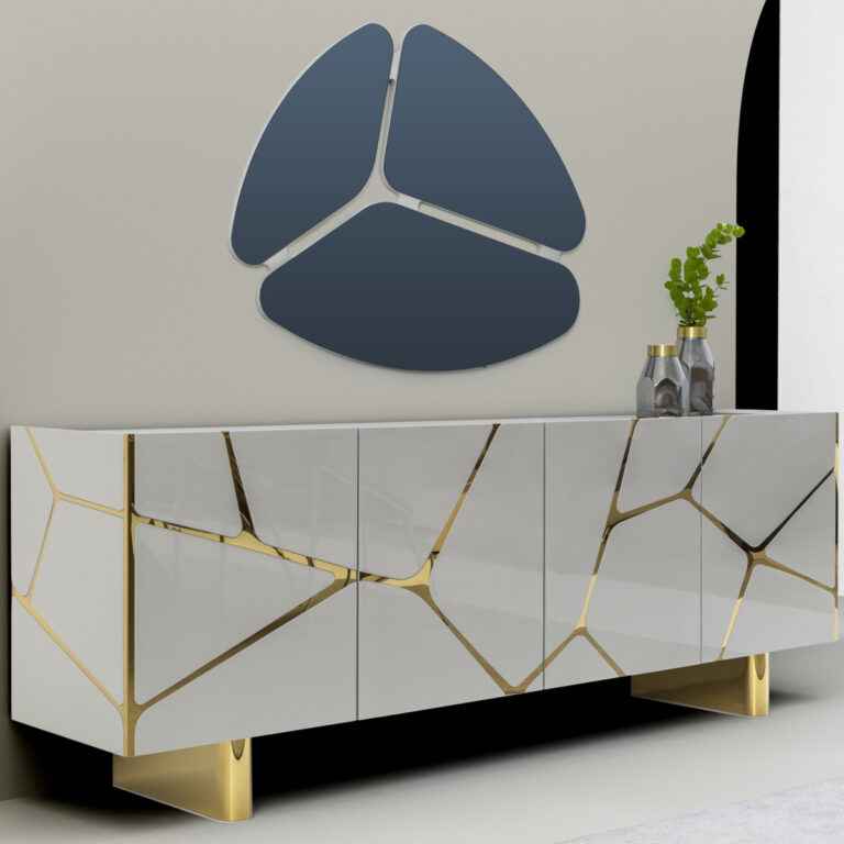 Modern luxury TV stand and buffet with gold accents and sleek white lacquered finish.