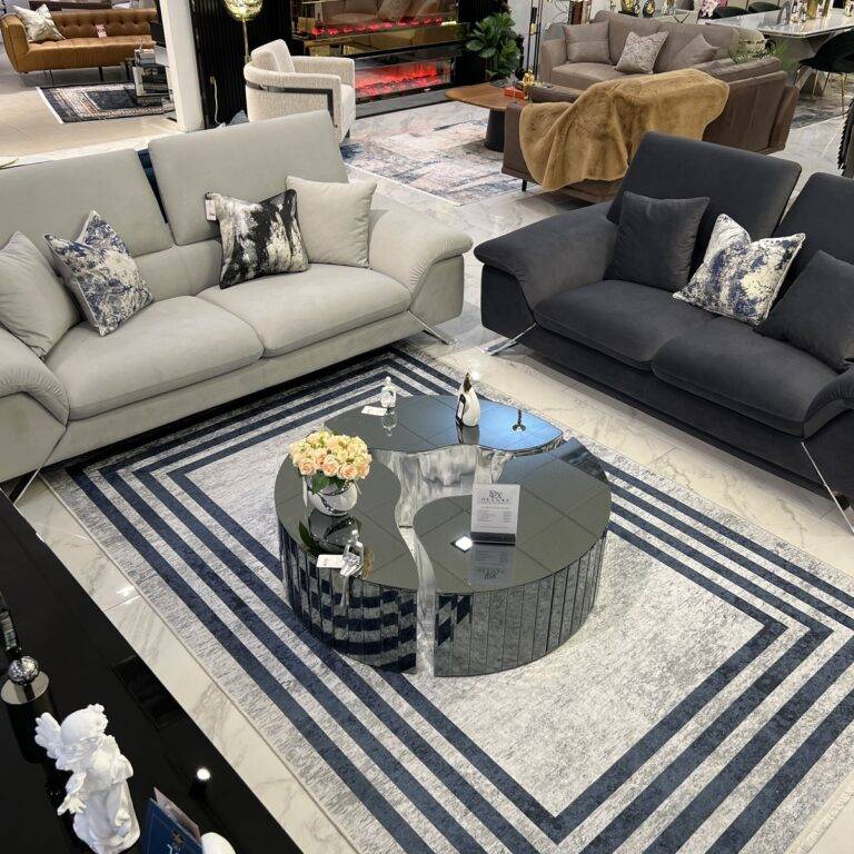 Modern Madrid Sofa Set in a living room display with silver legs and various color options at De'Luxe Home Decor & Furniture, Tampa.