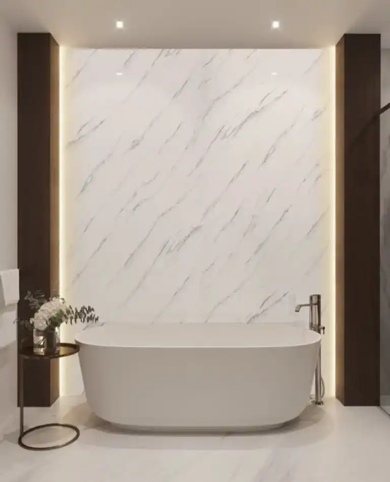Elegant white marble pattern PVC wall panel in a modern bathroom with freestanding bathtub